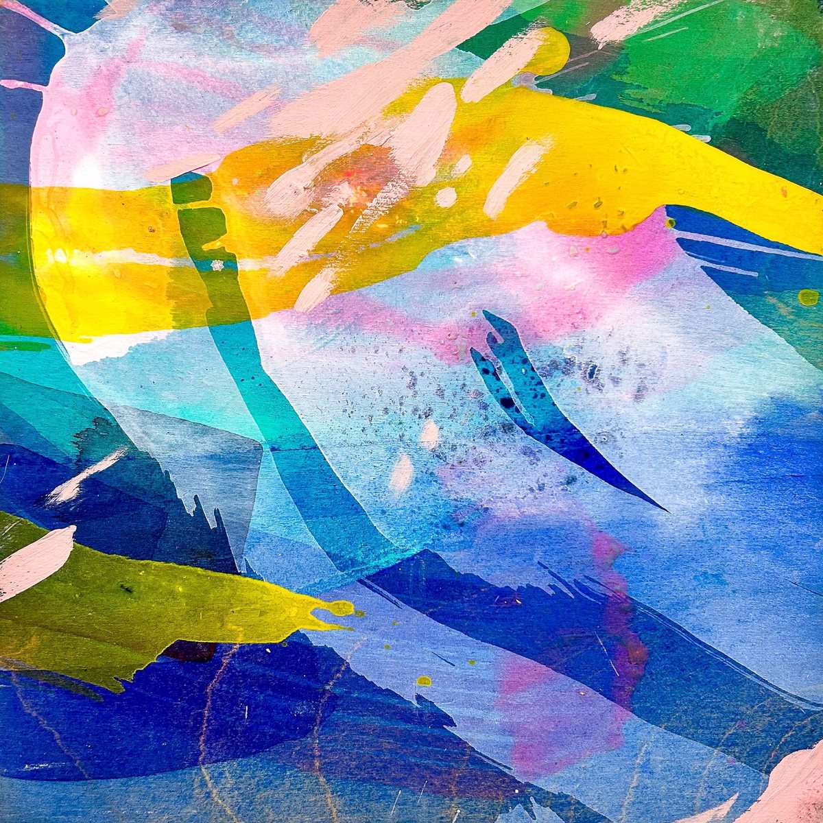 Painted label artwork in blues, pinks and yellows