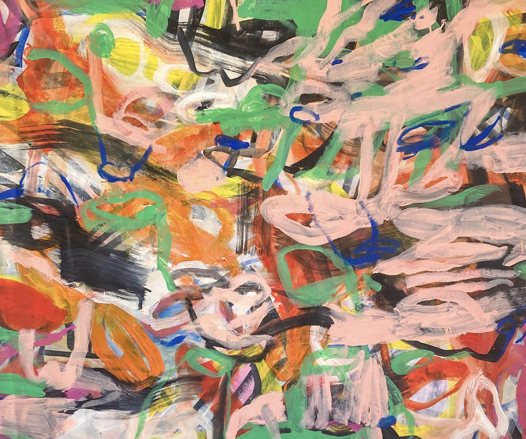 Painted label artwork in oranges, pinks and greens